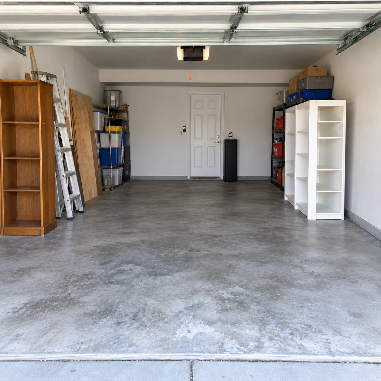 The same Plano garage cleared back to open concrete with room to park a car again