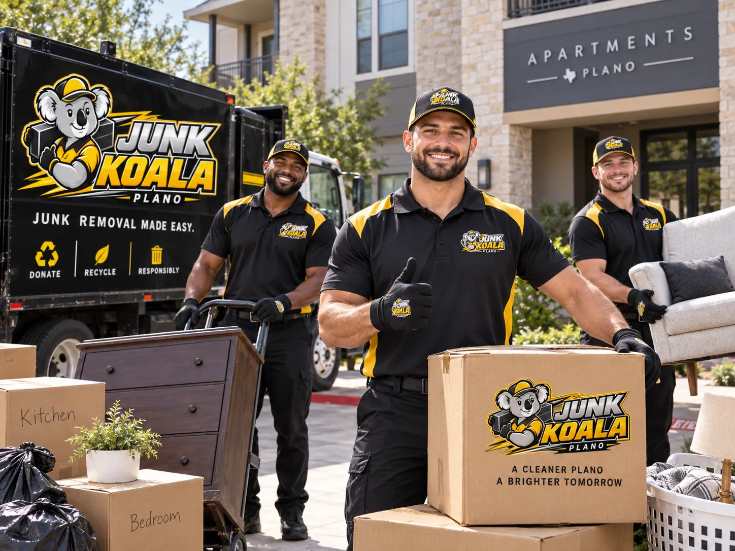 Junk Koala Plano crew at a Plano apartment community entrance with a dresser and boxes