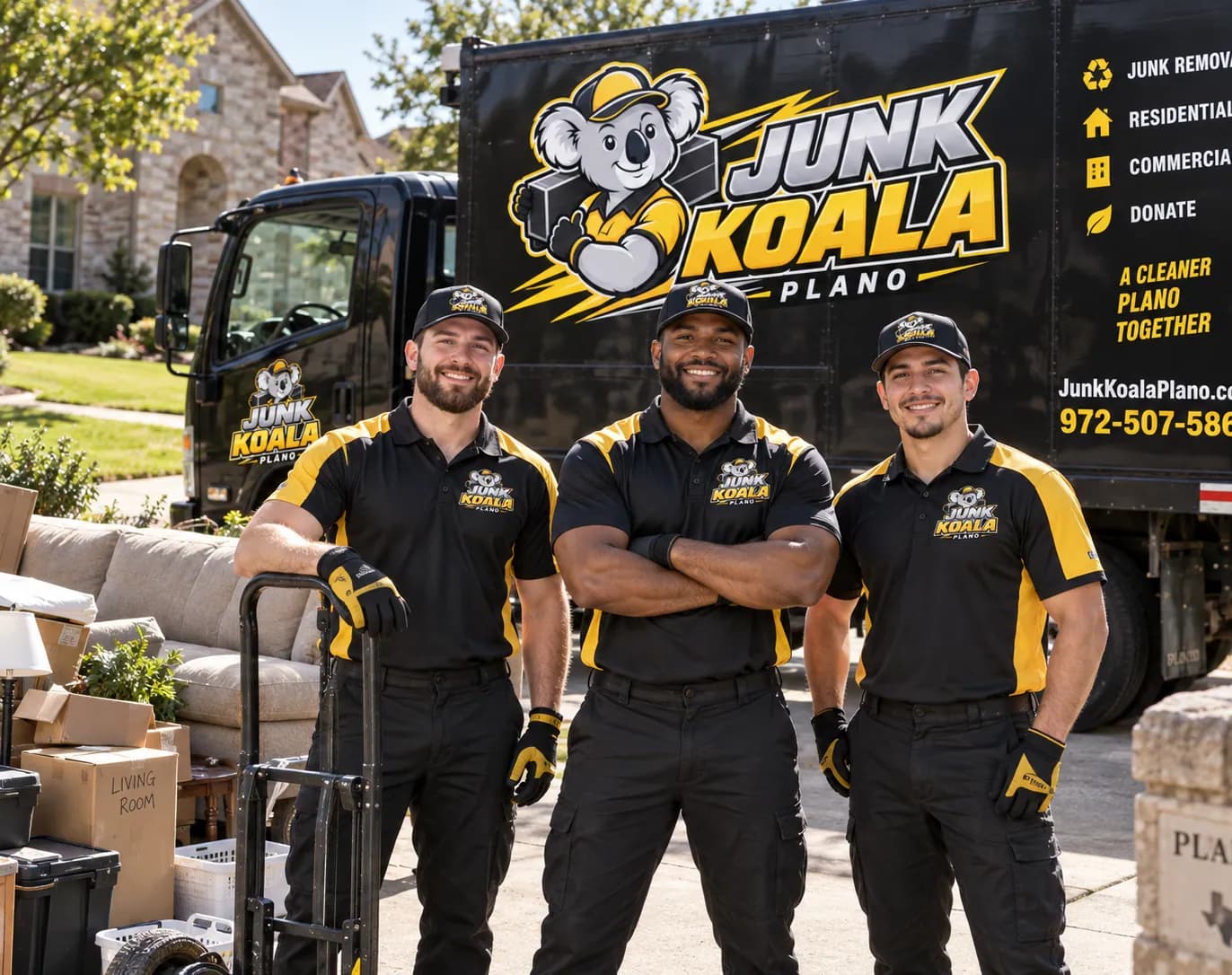 Three Junk Koala Plano crew members in uniform standing in front of the branded truck