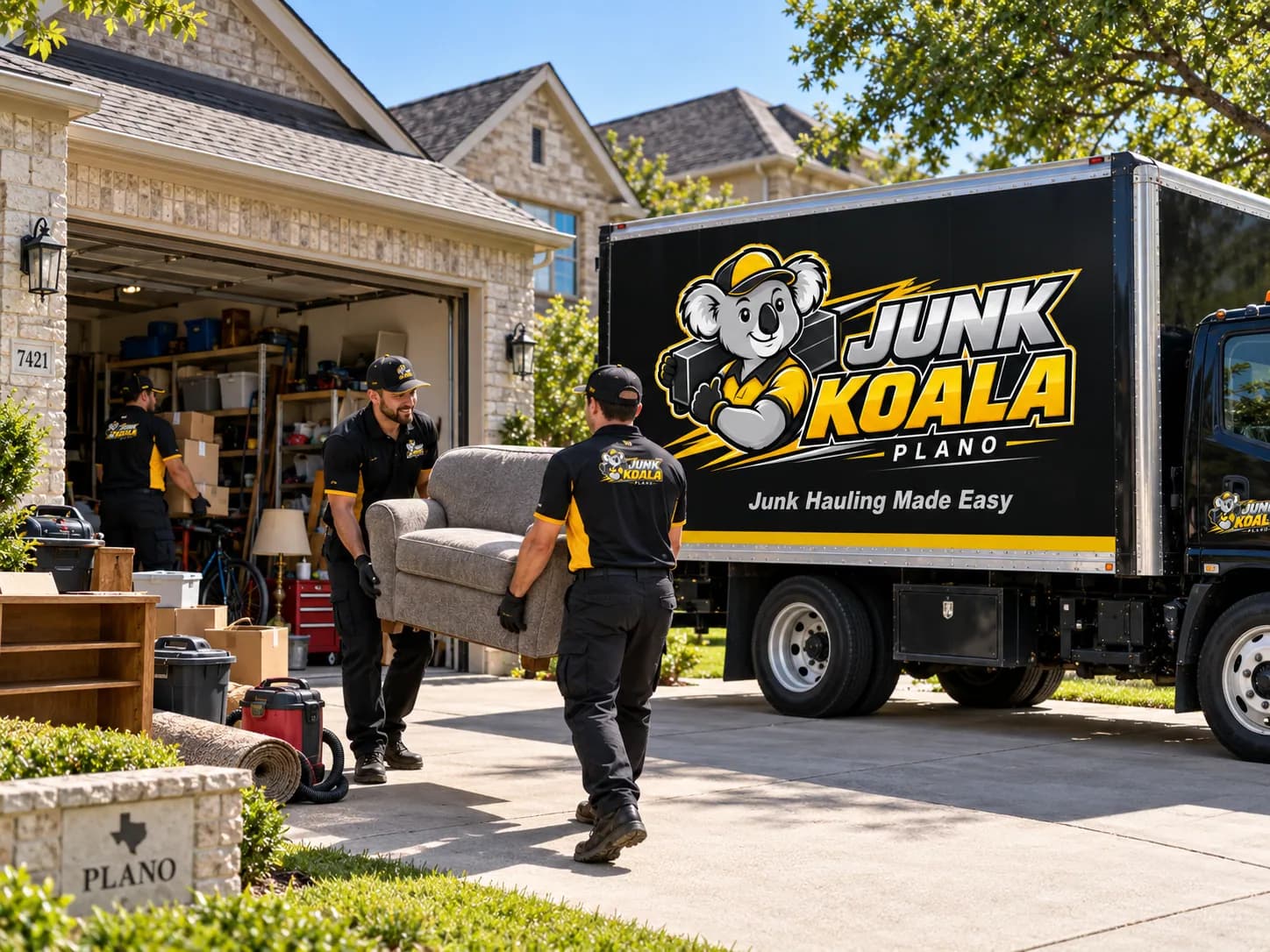 Junk Koala Plano crew carrying a sofa out of an open garage to the branded box truck