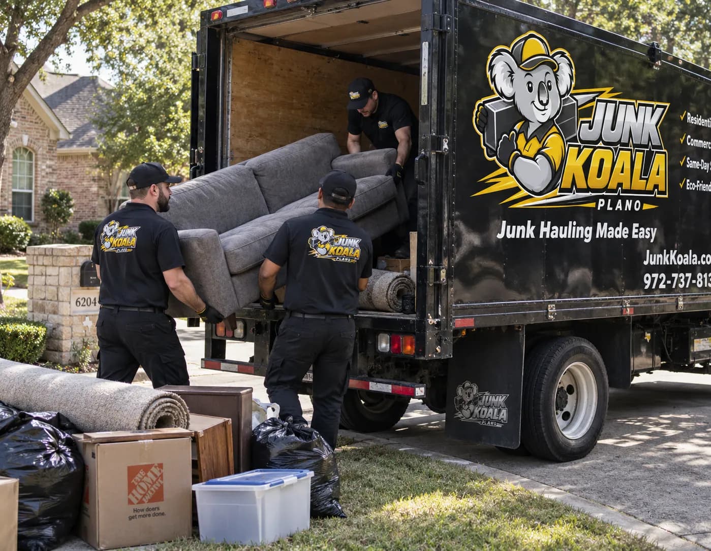 Junk Koala Plano crew loading a sofa past stacked moving boxes on a Plano driveway